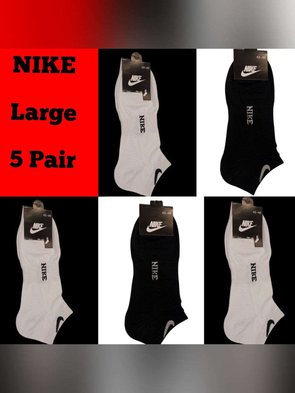 NIKE Logo No Show Socks 5 Pair White & Black BNWT Large Unisex
